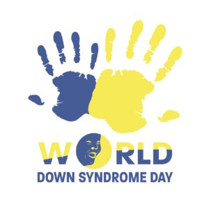 Painted hands in blue and yellow with the words World Down Syndrome Day. 